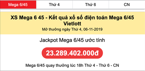 Jackpot Mega 6-45 Vietlott uoc tinh thu 4 ngay 06-11-2019 Jackpot Mega 6-45 Vietlott uoc tinh thu 4 ngay 06-11-2019